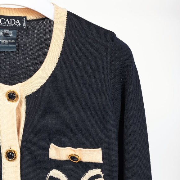 Escada by Margaretha Ley Navy Wool-Knit Bow Button Cardigan - Picture 4 of 12